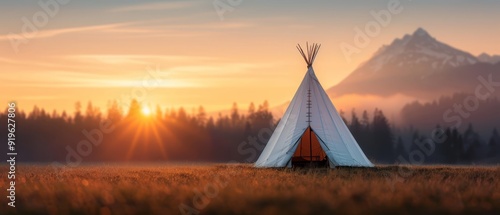 A teepee in a field, sun setting behind, trees in foreground