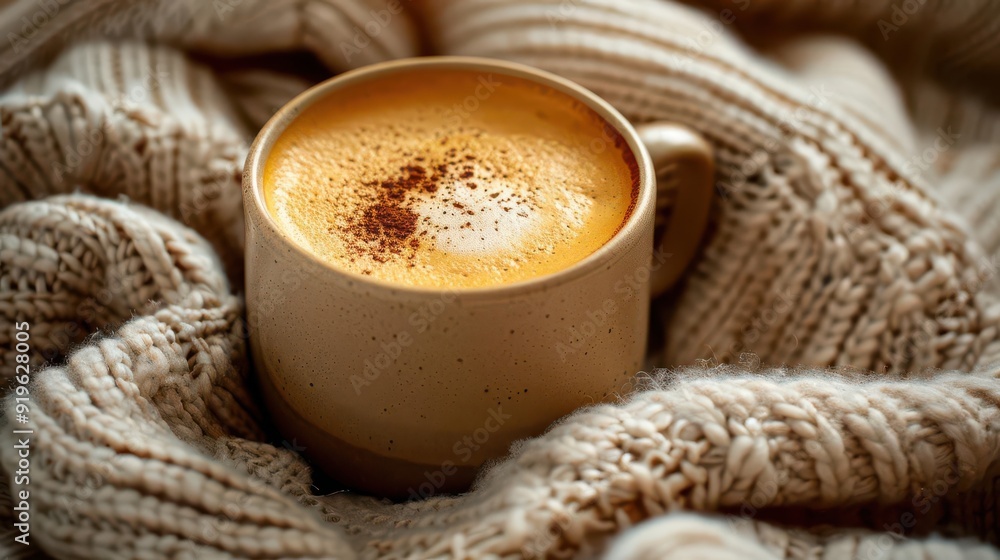 A warm cup of coffee resting on a cozy knit blanket, perfect for chilly mornings and moments of relaxation. A warm cup of coffee resting on a cozy knit blanket, perfect for chilly mornings and moments of relaxation.
