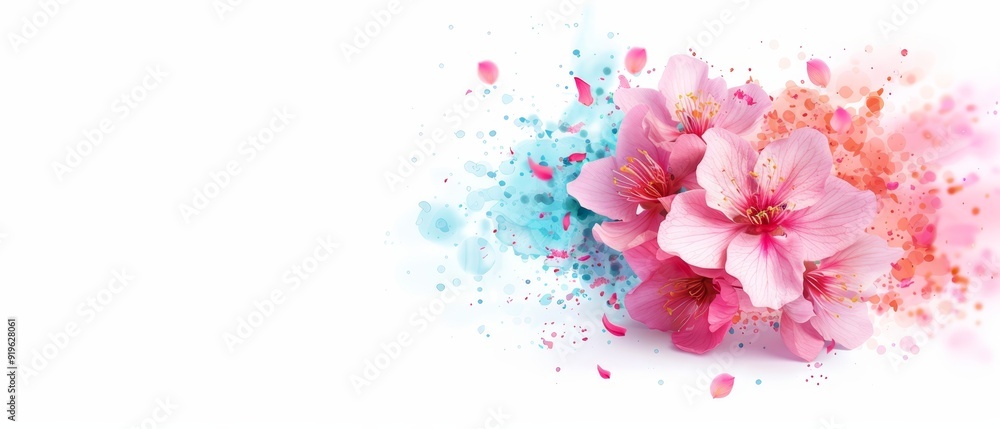 A white background holds a bouquet of pink flowers, adorned with blue and pink edible confetti-like sprinkles A splash of paint adds an artistic touch A white background holds a bouquet of pink flowers, adorned with blue and pink edible confetti-like sprinkles A splash of paint adds an artistic touch