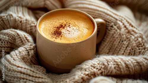 A warm cup of coffee resting on a cozy knit blanket, perfect for chilly mornings and moments of relaxation.