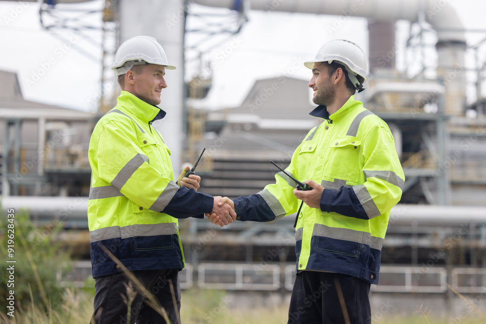 Oil engineers having a handshake for their success partnership Oil engineers having a handshake for their success partnership