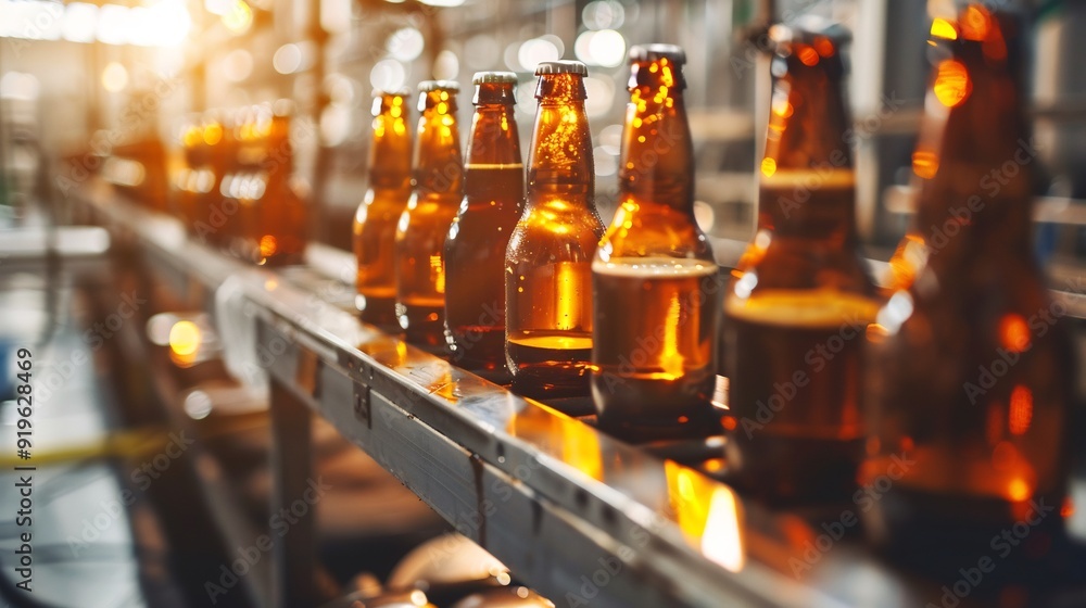 Beer bottles filling on the conveyor belt in the brewery factory
Beer bottles filling on the conveyor belt in the brewery factory