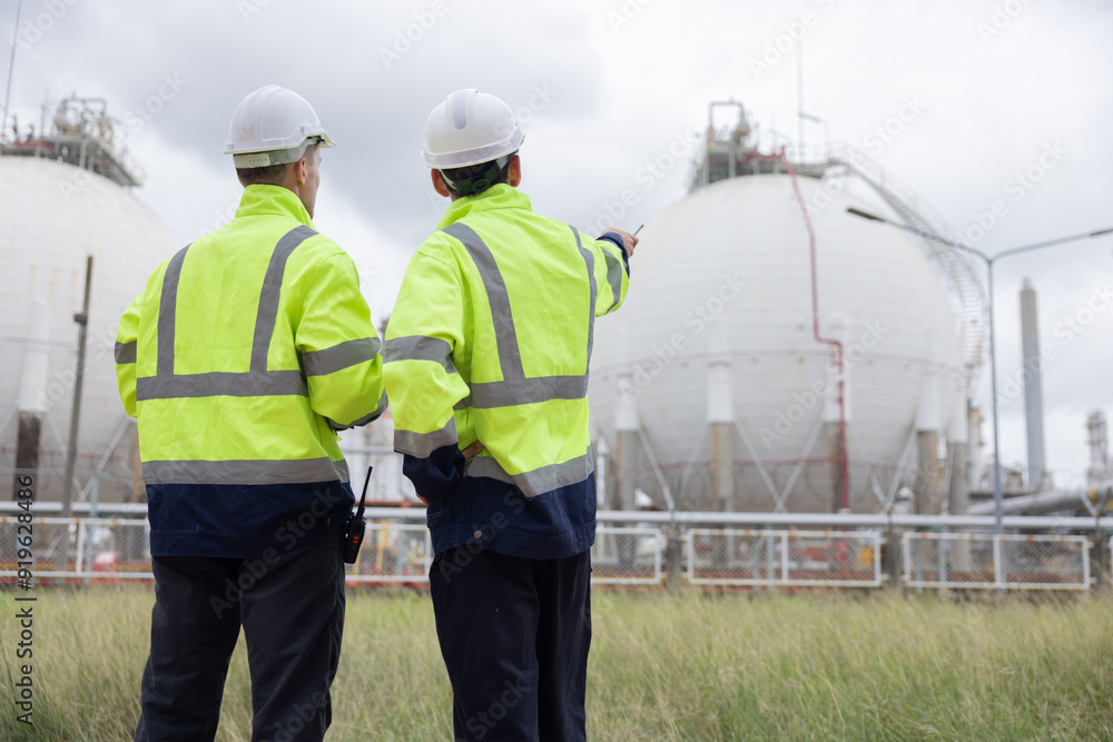 Back view of petroleum engineer working at oil refinery site Back view of petroleum engineer working at oil refinery site