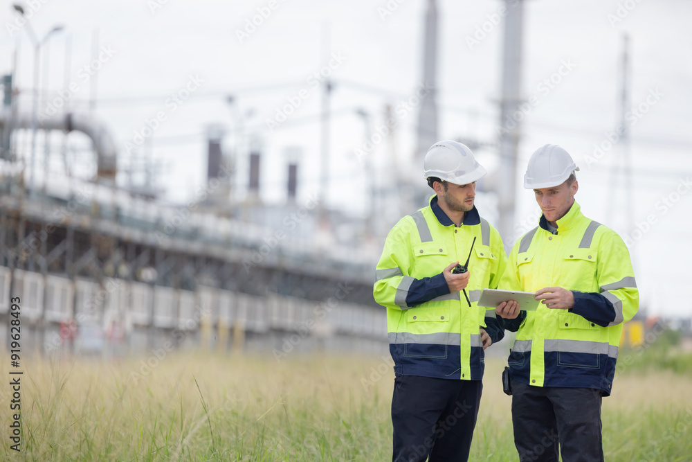 Petroleum engineers working at oil refinery site Petroleum engineers working at oil refinery site