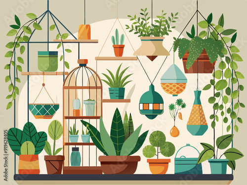 Indoor plants with decorative greenhouse elements. Green plants standing in pots on shelves, hanging in planter, macrame at cozy interior isolated on white background. Vector set
