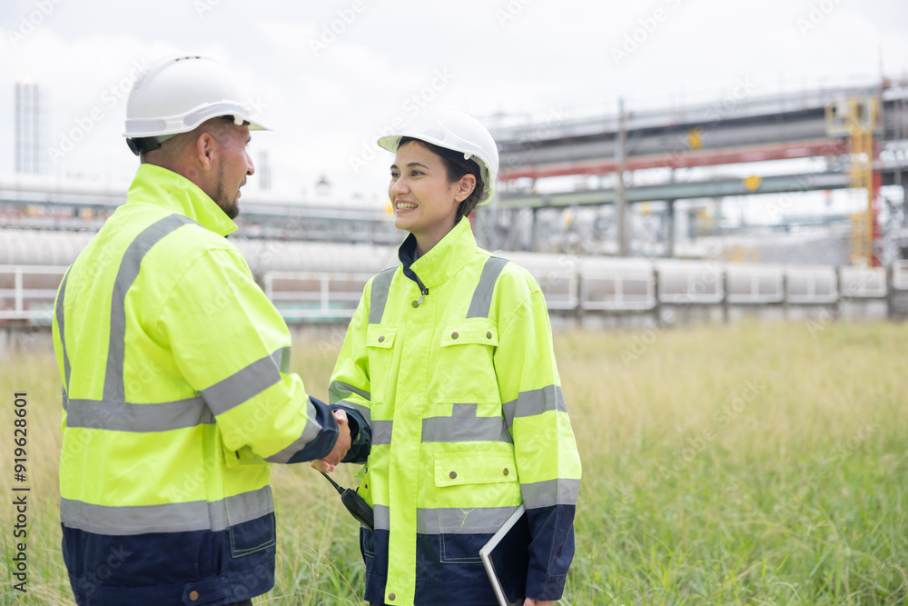 Oil engineers having a handshake for their success partnership Oil engineers having a handshake for their success partnership