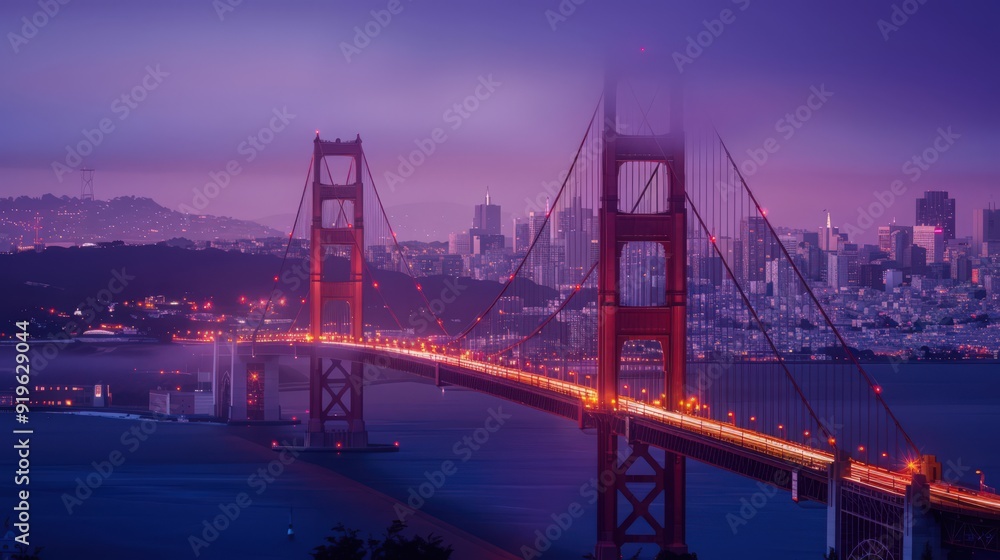 Obraz premium The Golden Gate Bridge with the city of San Francisco lit up in the distance, showcasing