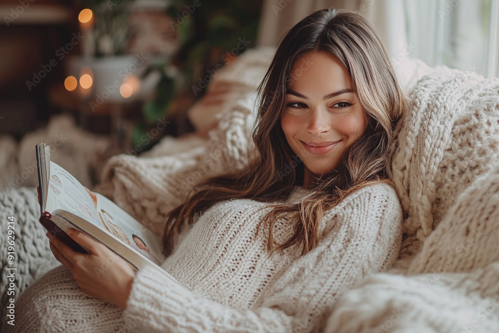 A mother-to-be sitting on a cozy sofa, reading a baby book with a warm smile. A mother-to-be sitting on a cozy sofa, reading a baby book with a warm smile.