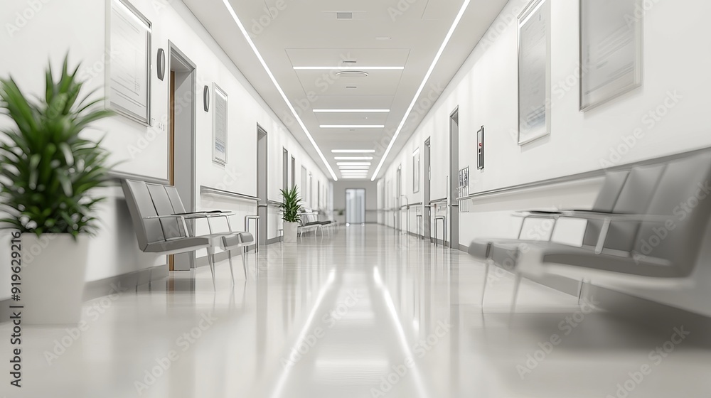 Blurred background of a modern hospital's interior, featuring a long, empty corridor. The waiting area for patients and families is situated along the corridor, illuminated by bright white lights. Blurred background of a modern hospital's interior, featuring a long, empty corridor. The waiting area for patients and families is situated along the corridor, illuminated by bright white lights.
