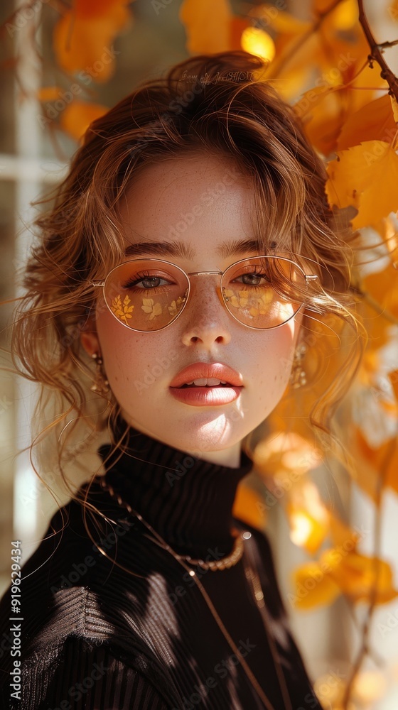 Portrait of a young woman in a cozy autumn setting wearing stylish glasses reflecting orange leaves Portrait of a young woman in a cozy autumn setting wearing stylish glasses reflecting orange leaves