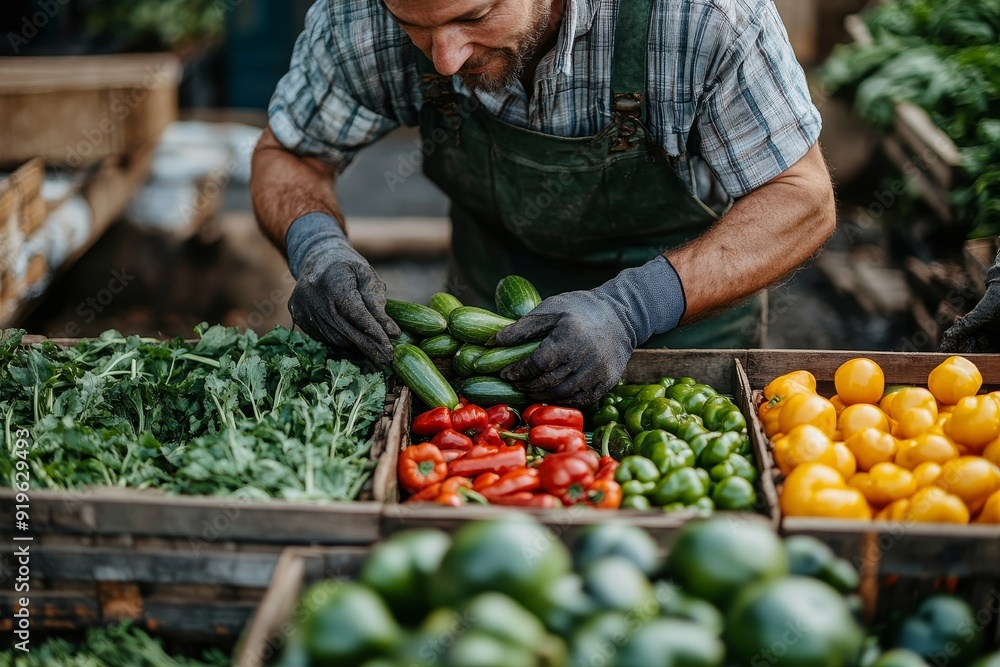 Vegetable farmer arranging freshly picked produce into a crate, Generative AI Vegetable farmer arranging freshly picked produce into a crate, Generative AI