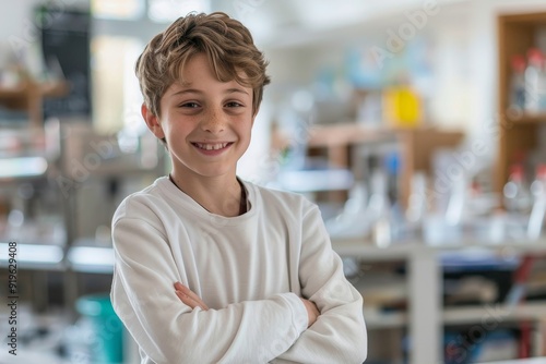 Adorable boys student smiling confident standing with arms crossed gesture at laboratory classroom, Generative AI