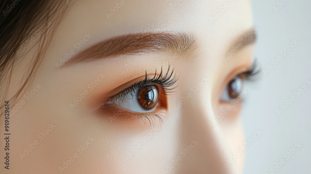 Close-up of a woman's eye with long eyelashes and natural makeup. Close-up of a woman's eye with long eyelashes and natural makeup.