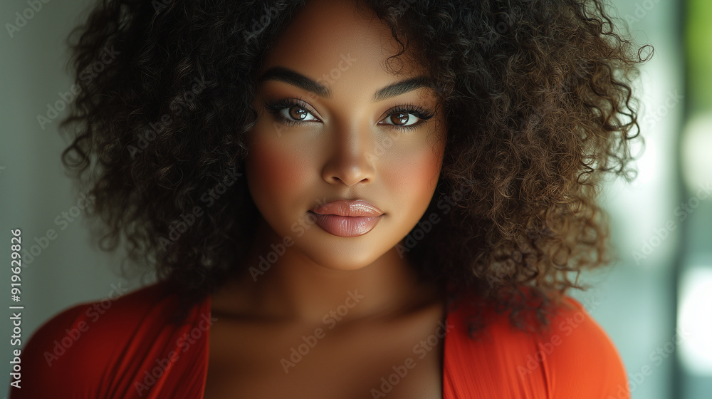 A confident plus-size model with curly hair in a bold red outfit stands against a soft white background, with diffused lighting highlighting her beauty A confident plus-size model with curly hair in a bold red outfit stands against a soft white background, with diffused lighting highlighting her beauty