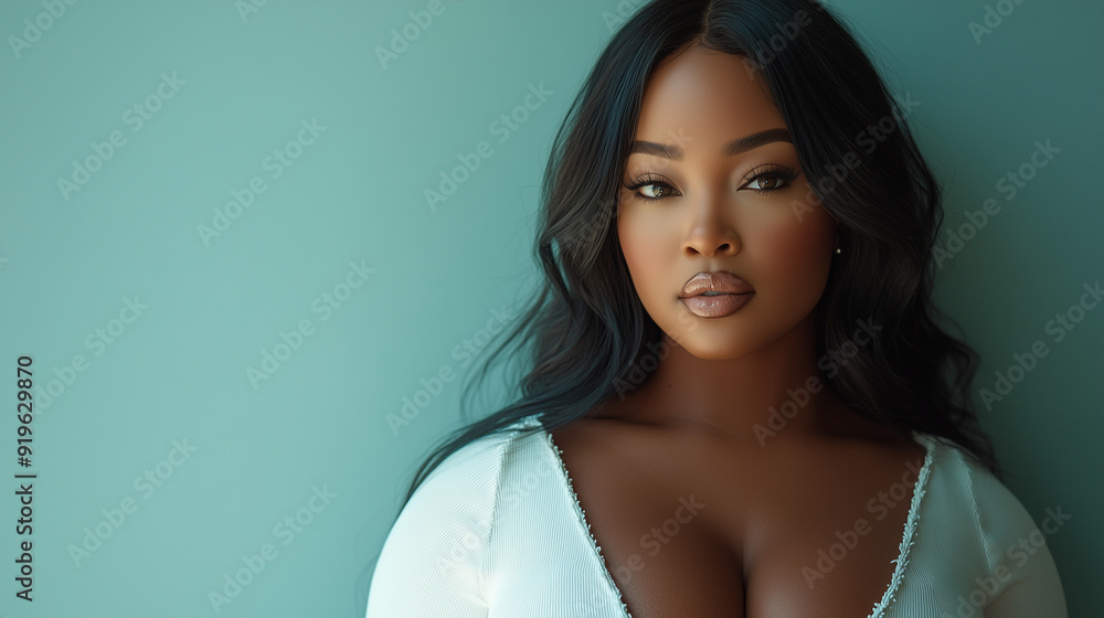 A beautiful plus-size woman with fair skin and long, straight hair wears a chic white outfit, standing against a pale blue background with gentle shadows A beautiful plus-size woman with fair skin and long, straight hair wears a chic white outfit, standing against a pale blue background with gentle shadows