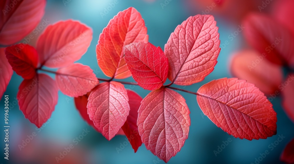 Fototapeta premium Red leaves in autumn with blue background creating a vivid and colorful contrast in nature