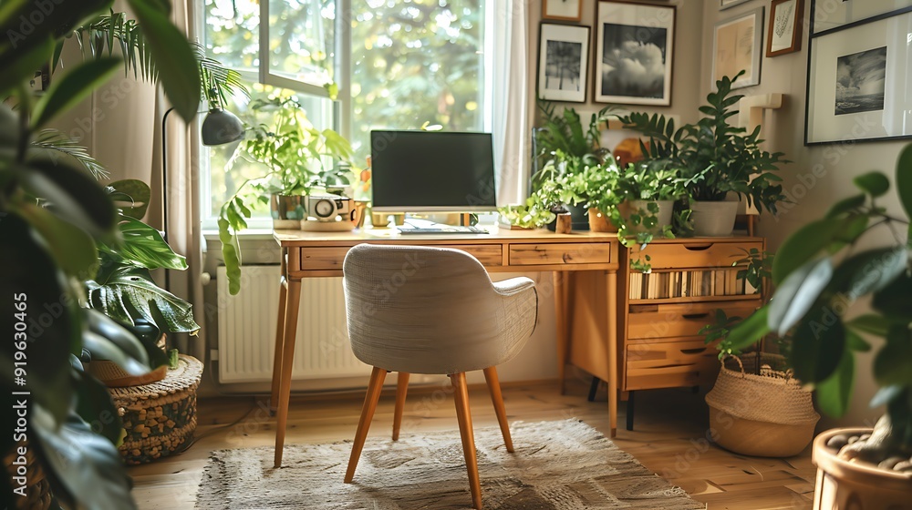 Fototapeta premium A warm and inviting home office with a comfy chair, a wooden desk, personal touches like framed photos and plants, large windows allowing in plenty of natural light, and a soft, homey feel,