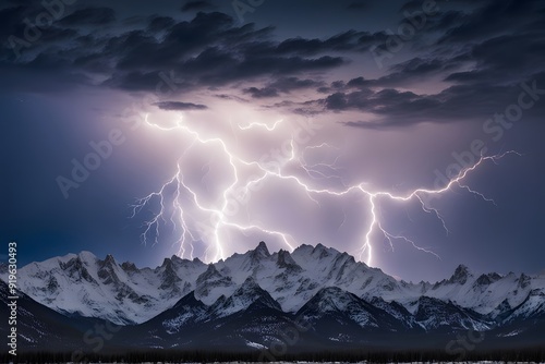 A lightning storm over a snowy mountain range with a clear night sky, AI Generated