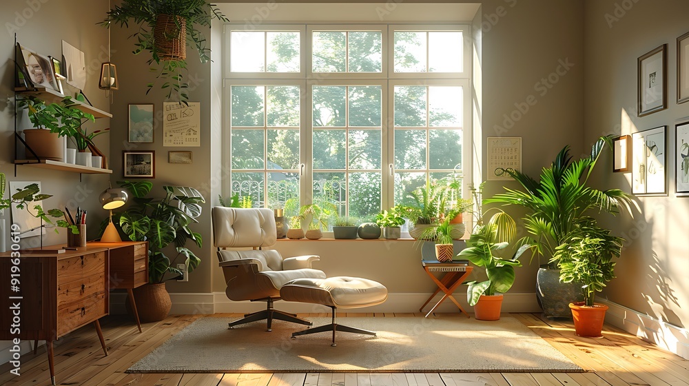 Fototapeta premium A warm home office featuring a comfortable armchair, a rustic desk, personal items like family photos and indoor plants, large windows letting in natural light, and a cozy, homely atmosphere,