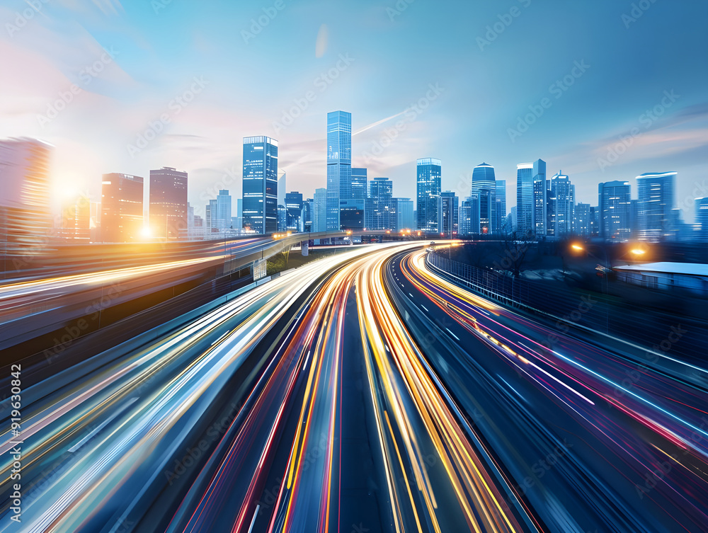 Obraz premium Dynamic light trails depict fast-moving city traffic against a backdrop of a modern skyline, capturing the energy and speed of urban life.