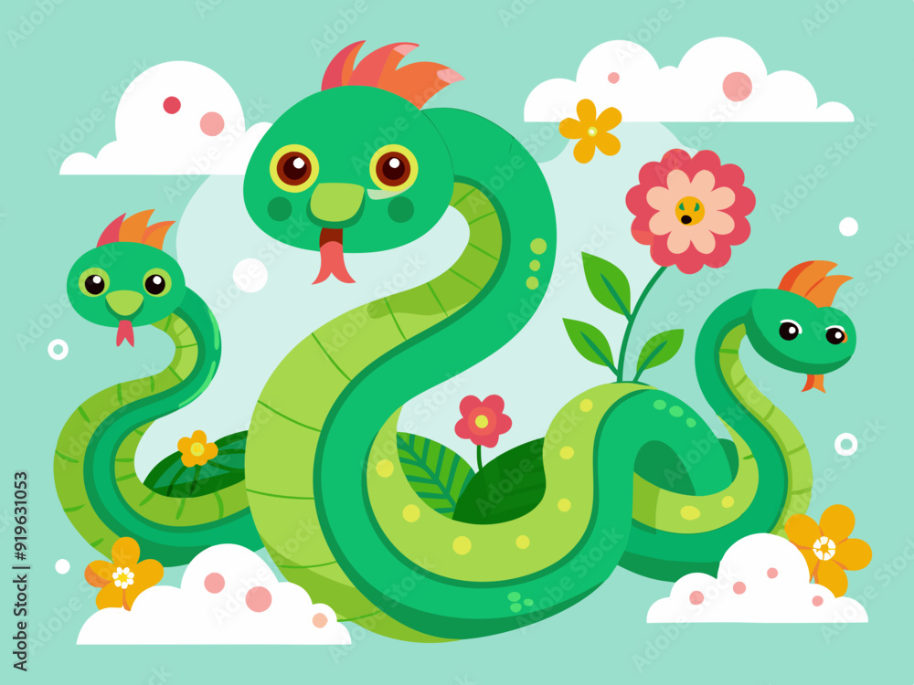 Obraz premium Chinese green snakes. Asian festival symbols. Cartoon cute snake with flowers and clouds. Zodiac horoscope animals. Happy character reptile in various poses. Vector set