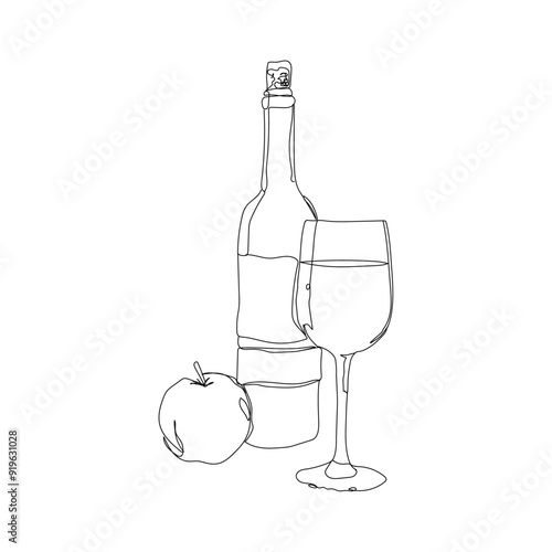 dessin en ligne d'une bouteille de vin, d'un verre de vin et d'une pomme, line art, vector