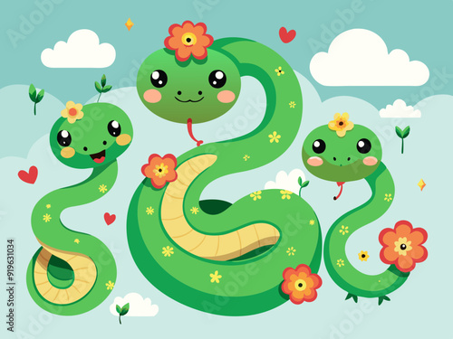 Chinese green snakes. Asian festival symbols. Cartoon cute snake with flowers and clouds. Zodiac horoscope animals. Happy character reptile in various poses. Vector set
