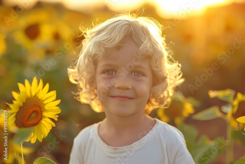 Portrait of beautiful little blond kid boy on summer sunflower field outdoors. Cute preschool child having fun on warm summer evening at sunset. Kids and, Generative AI