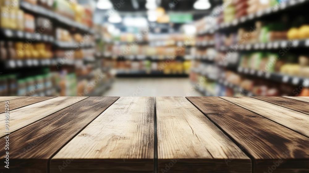 Wooden table in sharp focus with the soft blur of a grocery store aisle in the background, perfect for food or product presentations. Wooden table in sharp focus with the soft blur of a grocery store aisle in the background, perfect for food or product presentations.