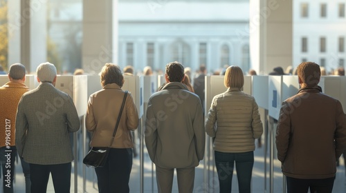 A 3D animation showcasing the democratic voting process, featuring a diverse group of voters at a polling station. The high-resolution image captures the seriousness of the event, with a clear focus