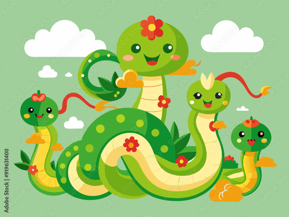 Chinese green snakes. Asian festival symbols. Cartoon cute snake with flowers and clouds. Zodiac horoscope animals. Happy character reptile in various poses. Vector set
Chinese green snakes. Asian festival symbols. Cartoon cute snake with flowers and clouds. Zodiac horoscope animals. Happy character reptile in various poses. Vector set