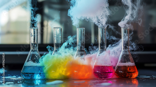 Colorful Chemical Reactions in Laboratory with Vibrant Smoke Effects photo