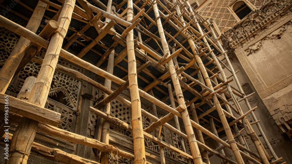 intricate wooden scaffolding used for its annual maintenance, showcasing the traditional methods intricate wooden scaffolding used for its annual maintenance, showcasing the traditional methods