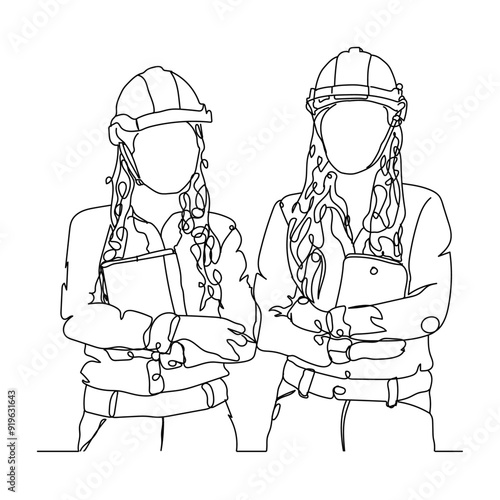 dessin line art de deux femmes avec des casques de chantier, line art, vecteur