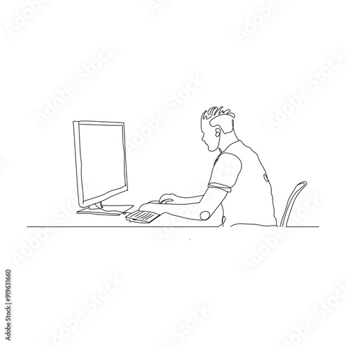 dessin en ligne continue d'un homme travaillant sur un ordinateur
