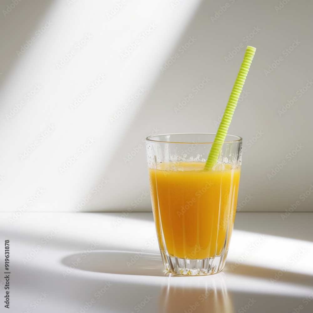 Freshly squeezed orange juice in a glass with a straw isolated on a light background Freshly squeezed orange juice in a glass with a straw isolated on a light background