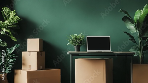 An unoccupied laptop positioned near moving boxes, a table, and plants, all set in front of a green wall in a room.  photo