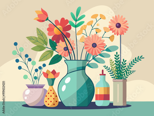 Flowers in vases. Cartoon flower bouquet in ceramic vase and glass bottle. Natural plants and decor in interiors. Celebrating flowering bouquet. Vector collection 
