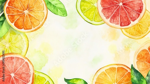 Vibrant watercolor illustration of citrus fruits, including oranges, limes, and grapefruits, with green leaves decorating the border.