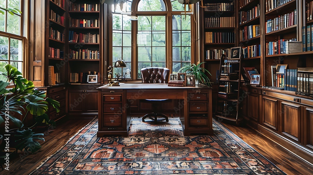 An elegant library office with floor-to-ceiling bookshelves, a comfortable reading nook with a leather chair, a large wooden desk, vintage decor, and soft ambient lighting, An elegant library office with floor-to-ceiling bookshelves, a comfortable reading nook with a leather chair, a large wooden desk, vintage decor, and soft ambient lighting,