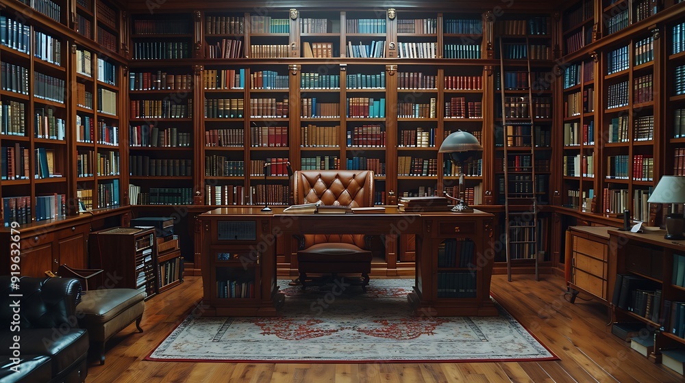 An elegant library office with floor-to-ceiling bookshelves, a comfortable reading nook with a leather chair, a large wooden desk, vintage decor, and soft ambient lighting, An elegant library office with floor-to-ceiling bookshelves, a comfortable reading nook with a leather chair, a large wooden desk, vintage decor, and soft ambient lighting,