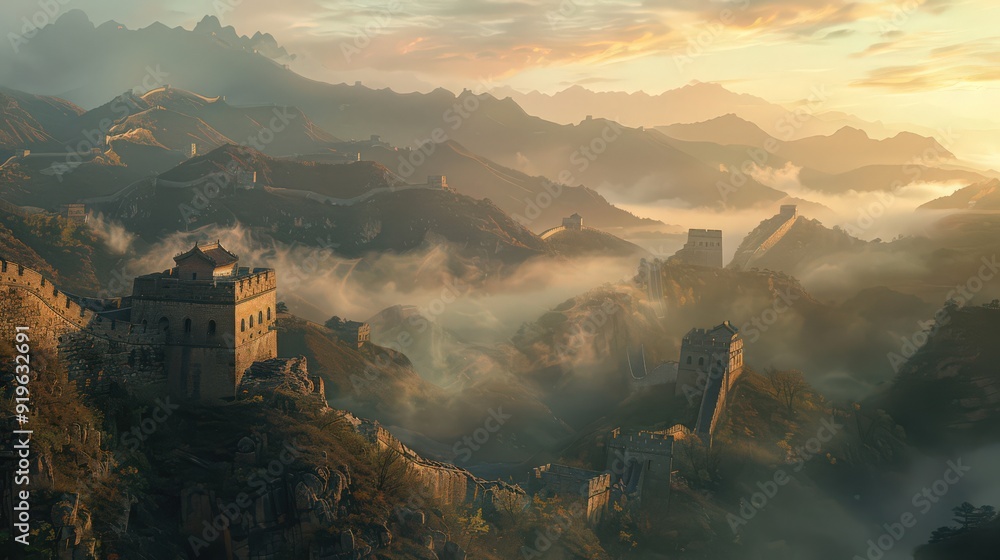 The Great Wall of China bathed in the soft light of dawn, with its stones and watchtowers highlighted against a backdrop The Great Wall of China bathed in the soft light of dawn, with its stones and watchtowers highlighted against a backdrop