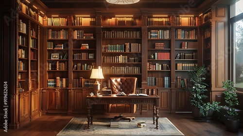 Wallpaper Mural An elegant library office featuring built-in bookshelves, a reading nook with a cozy armchair, a wooden desk with a classic lamp, vintage decor, and soft ambient lighting, Torontodigital.ca