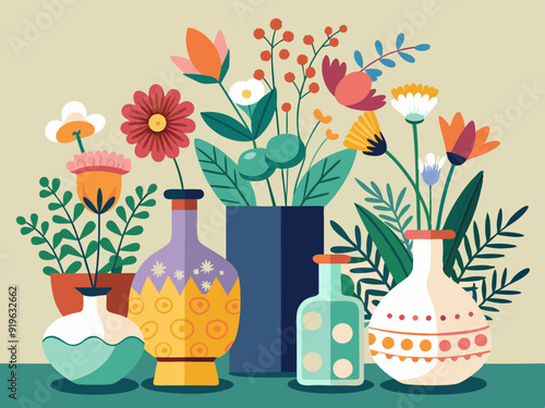Flowers in vases. Cartoon flower bouquet in ceramic vase and glass bottle. Natural plants and decor in interiors. Celebrating flowering bouquet. Vector collection 

