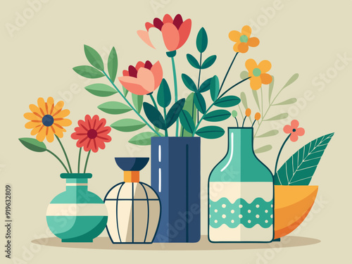 Flowers in vases. Cartoon flower bouquet in ceramic vase and glass bottle. Natural plants and decor in interiors. Celebrating flowering bouquet. Vector collection 
