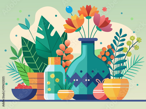 Flowers in vases. Cartoon flower bouquet in ceramic vase and glass bottle. Natural plants and decor in interiors. Celebrating flowering bouquet. Vector collection 
