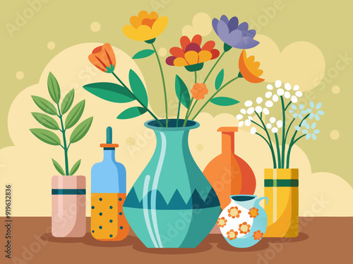 Flowers in vases. Cartoon flower bouquet in ceramic vase and glass bottle. Natural plants and decor in interiors. Celebrating flowering bouquet. Vector collection 
