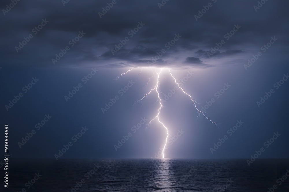 A single lightning bolt striking a vast open ocean under a clear night sky, AI Generated A single lightning bolt striking a vast open ocean under a clear night sky, AI Generated