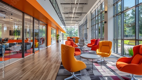 An open plan office space with open seating arrangements, communal tables, and collaborative zones, featuring contemporary design, bright colors, and natural light streaming in through large windows,