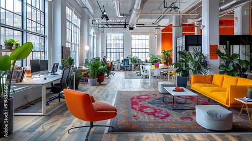 An open plan office with modern open seating arrangements, communal tables, and collaborative workspaces, featuring sleek furniture, vibrant decor, and ample natural light from large windows, photo